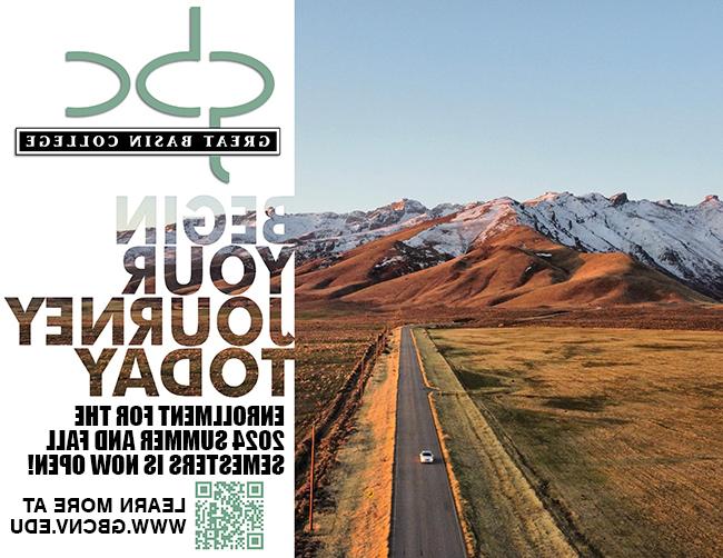 2024 Summer and Fall Semesters Open Enrollment begins April 1!, gbc logo, a single car on a lonely highway near mountains.
